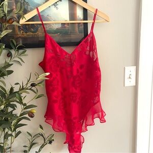 Vintage Victoria’s Secret Gold Label Teddy Bodysuit Red Satin Chiffon Lace Up